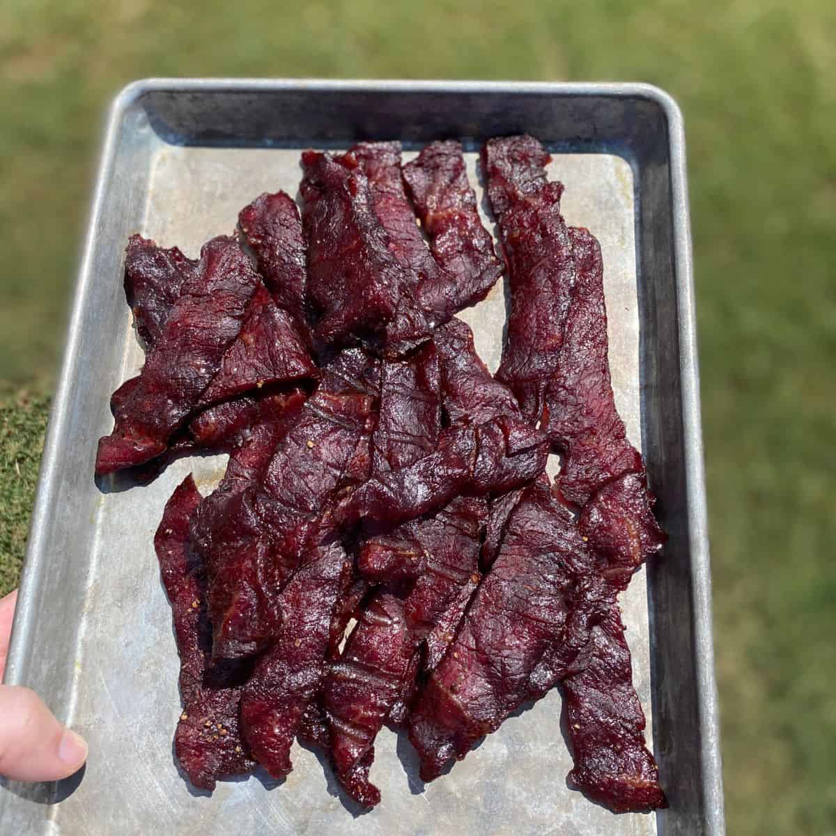 Maroon Beef Jerky on a baking pan held over grass
