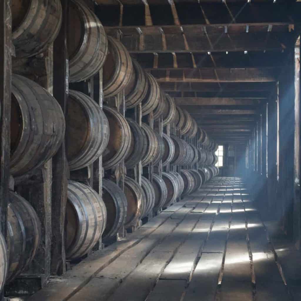 Elijah Craig Rickhouse old wooded board walkway with rows of whiskey barrels 3 high
