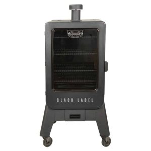 Black Vertical Smoker with chimeny stack on center top. Dark smoke colored window for a door.