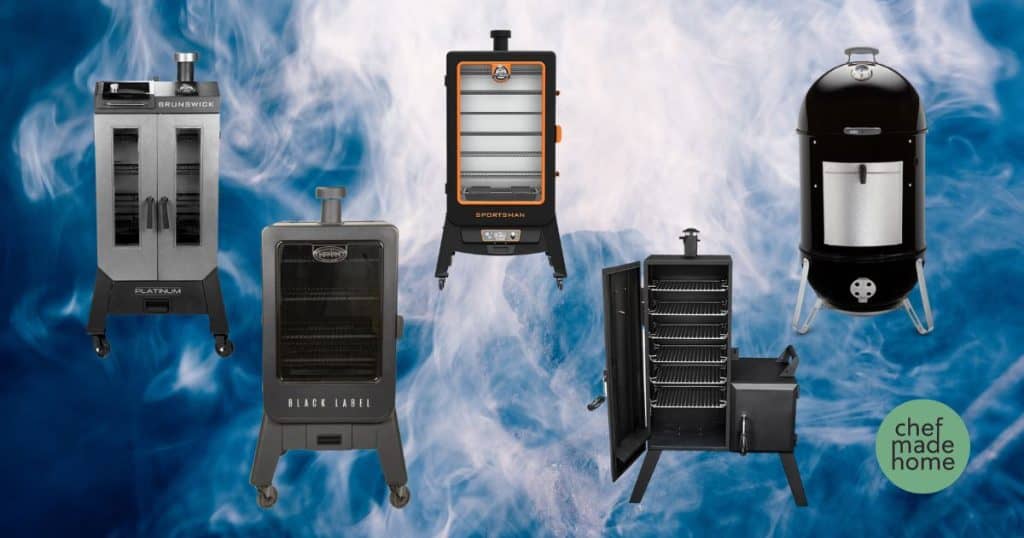 5 images of different vertical smokers with a smokey background