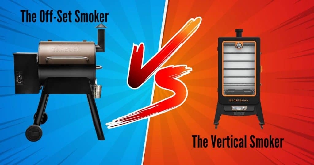The Offset smoker vs the vertical smoker in a cartoonish setting with VS in the middle
