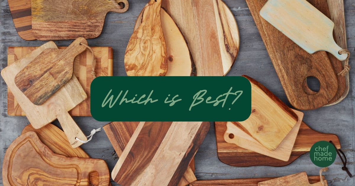 variety of cutting boards in the background with mint green text over dark green background. Which is best?