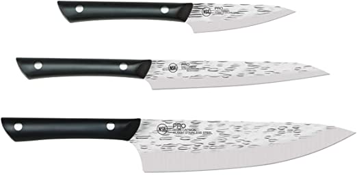 Kai cutlery, makers of shun, showing a 3 piece knife set. Chefs Knife, Petty/Utility Knife and a Paring Knife